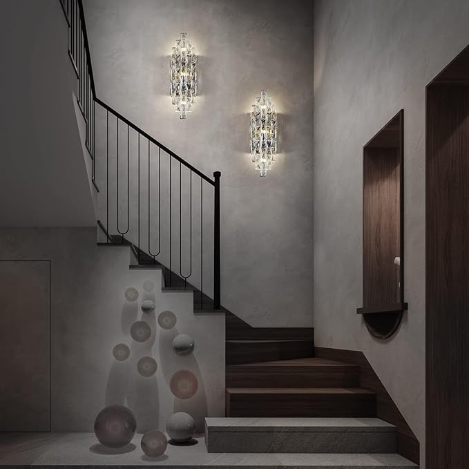 Modern Crystal Chrome Wall Sconces, Wall Light Fixtures, Indoor Wall Lamp, Vanity Wall Mount Lamps for Living Room Bedroom Bathroom Bedside Hallway Stairway