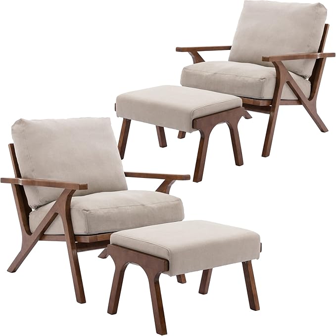 Wahson Set of 2 Mid Century Arm Chairs and Ottomans, Upholstered Accent Armchair with Wood Frame and Canvas Cushions, Leisure Slipper Chair for Living Room/Bedroom, Beige