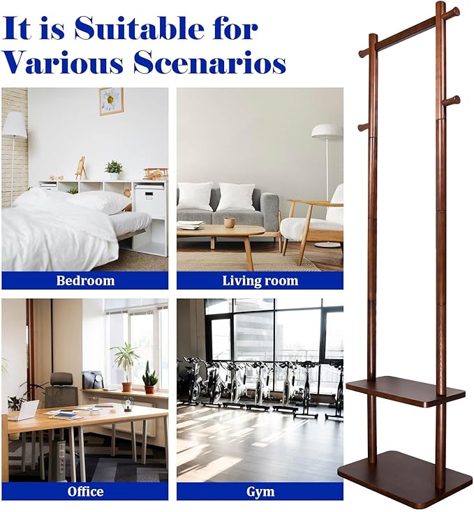 Coat Rack,Wooden Coat Rack Freestanding,Standing Coat Racks Tree Clothes Hanger Stand with Stury Base for Entryway, Livingroom, Bedroom,Easy to Assemble(Brown)