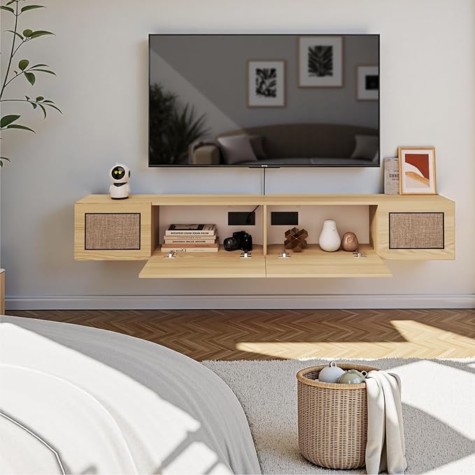 Pmnianhua Boho Floating TV Stand 70", Modern Wall Mounted Media Console with Cotton-Rayon Doors for Under TV Shelf,Entertainment Center,Living Room,Bedroom(Natural)