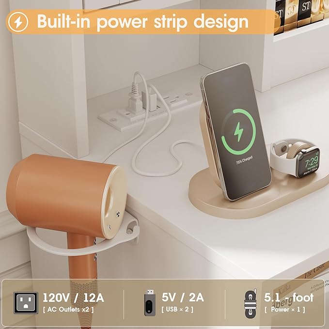 44.5" W Large Vanity Desk with Mirror,Cushioned Stool Makeup Vanity Table Set with Adjustable LED Lights and Power Outlet,Storage Drawers,Shelves for Bedroom Dressing Room White