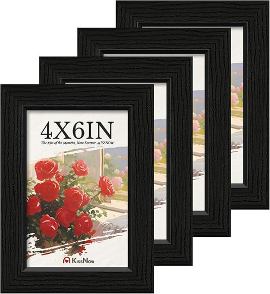 4x6 Picture Frame 4 Pack, Black Solid Wood Gallery Photo Frame, Wall Hanging or Tabletop Display
