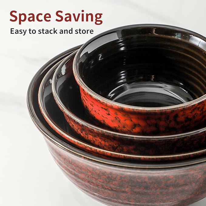 HASENSE Mixing Bowls, 2.1/1.5/1.0/0.5 Qt, Nesting Bowls for Cooking, Baking, Ceramic Serving Dishes Set of 4 for Salad, Fruits, Popcorn, Thanksgiving Christmas Gift, Dishwasher & Microwave Safe, Red