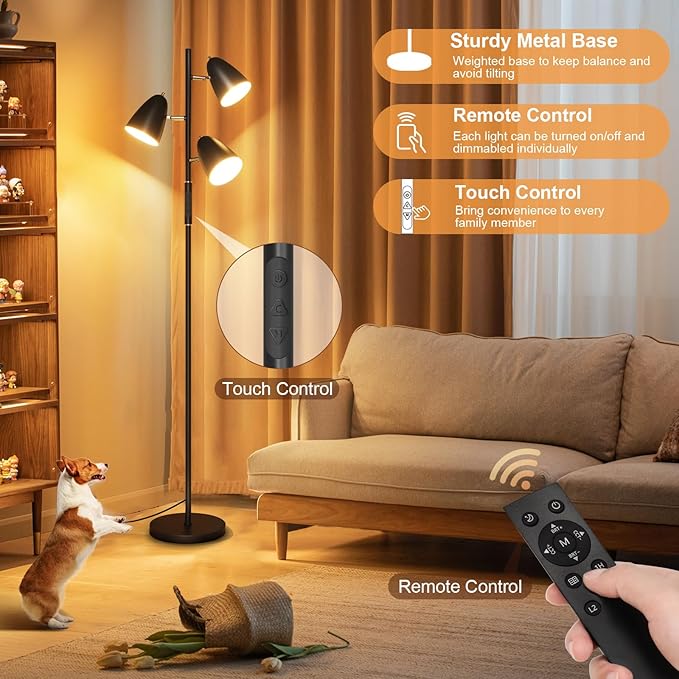 QiMH LED Floor Lamp for Living Room, Modern Dimmable Standing Lamp with 4 Color Temperature,Remote and Touch Control, Tree Floor Lamp for Bedroom with 3 Rotatable Lights Bright Stand up Lamp, Black