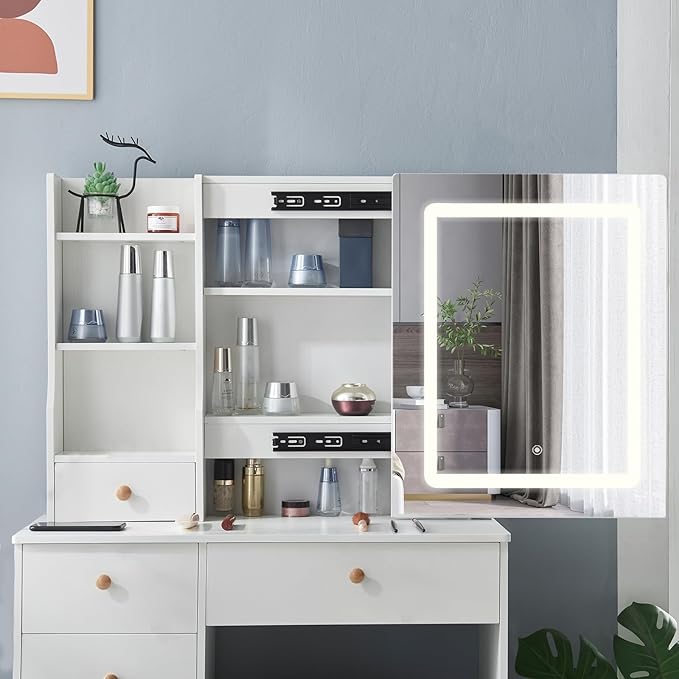 Vanity Desk with Mirror and Lights, Makeup Vanity 3 Color Modes & Adjustable Brightness, 6 Drawers Vanity Desk with Upholstered Stool with Chair