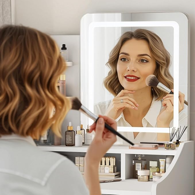 Small Vanity Desk, Makeup Vanity with Mirror and Lights, Vanity Desk with Drawer & 3 Storage Shelves, White Makeup Vanity Desk with Lights for Bedroom