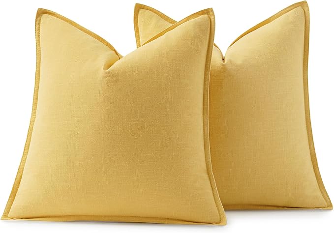 MIULEE Decorative Linen Pillow Covers 18x18 Inch Yellow Boho Farmhouse Neutral Couch Throw Pillows for Bed Pack of 2 Accent Modern Pillowcase Summer Sofa Livingroom Home Decor