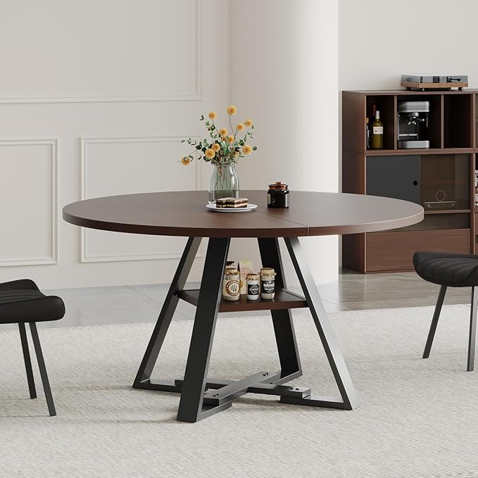 45.3" Walnut Round Dining Table Set with 2 Chairs – Mid-Century Modern Small-Space Kitchen & Dining Room Furniture for Apartment or Breakfast Nook (Walnut – Storage Table + 2 Black Chairs)