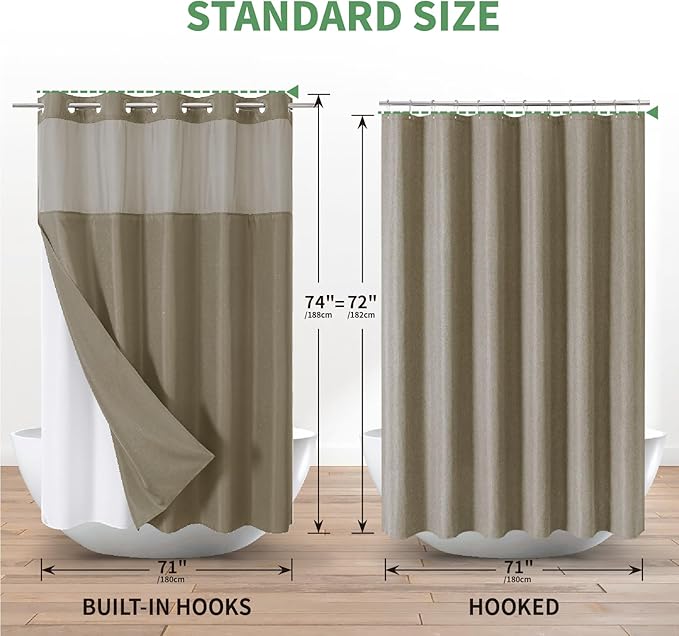 No Hook Shower Curtain with Snap-in Fabric Liner Set,Slub Textured Fabric Shower Curtains for Bathroom,Hotel Style Modern Shower Curtain,Water Repellent & Washable,71x74(72),Tan/Khaki