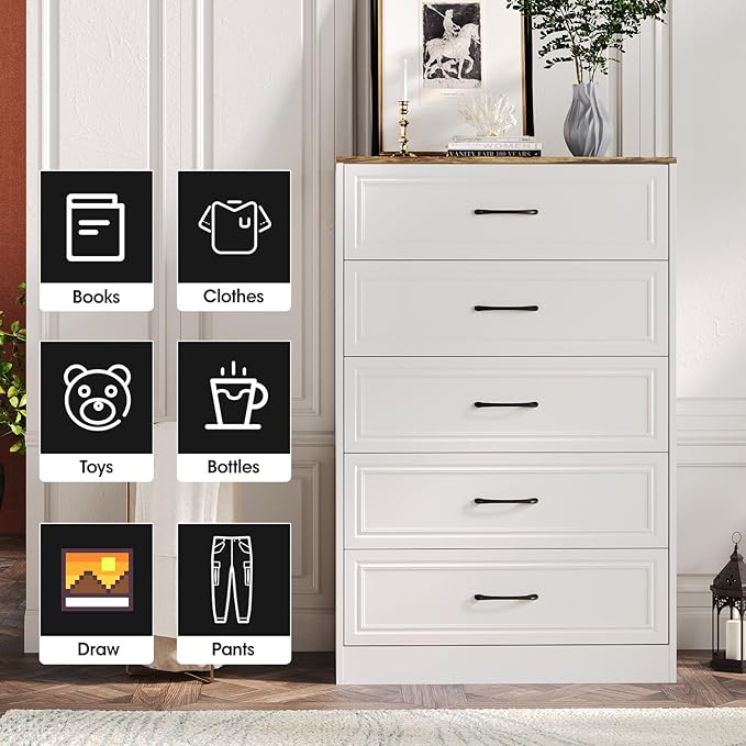 Fameill Dresser for Bedroom, 5 Drawer Wide Dresser Organizer, TV Stand for Livingroom, Chest of Drawers with Metal Handles, Farmhouse White
