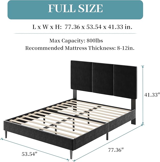 Full Size Bed Frame with Headboard, Vertical Channel Tufted Heavy Duty Full Size Bed Frame, No Box Spring Needed, Easy Assembly, Metal Platform Bed Frame, Black