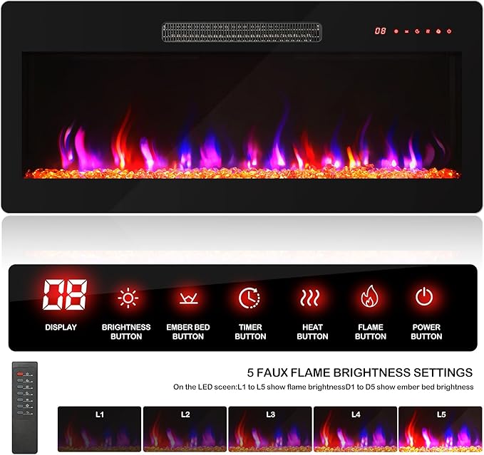 BELLEZE 68" TV Stand with 36" Electric Fireplace Heater, Entertainment Center with Storage Cabinet, Console Table for TVs up to 75" for Living Room, Bedroom - Harper (Black Ebony)