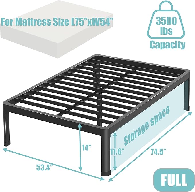 Full Bed Frame with Round Corner Edge Legs, 14 Inch Heavy Duty Support 3500 lbs Metal Platform Bed Frame Full Size, No Box Spring Needed/Noise Free/Non-Slip/Steel Slat Support