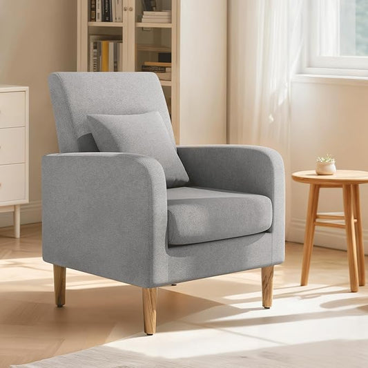 Magshion Mid-Century Accent Chair for Living Room, Comfy Reading Chair for Bedroom, Upholstered Linen Fabric Armchair Single Sofa with Back Pillow & Wood Legs, 300 lbs Capacity, Gray