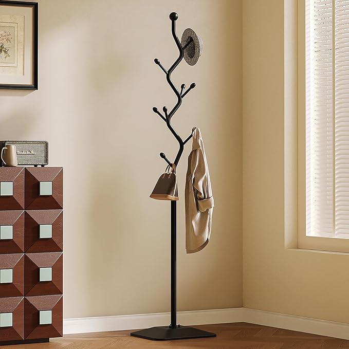 Coat Rack Freestanding Metal Coat Tree with 8 Hooks, Creative Design Tree Branch-look, Standing Coat Rack Coat Hanger Stand with Stury cast iron Base for Entryway, Hallway, Bedroom (black)