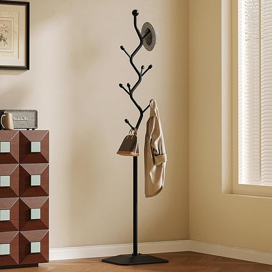 Coat Rack Freestanding Metal Coat Tree with 8 Hooks, Creative Design Tree Branch-look, Standing Coat Rack Coat Hanger Stand with Stury cast iron Base for Entryway, Hallway, Bedroom (black)