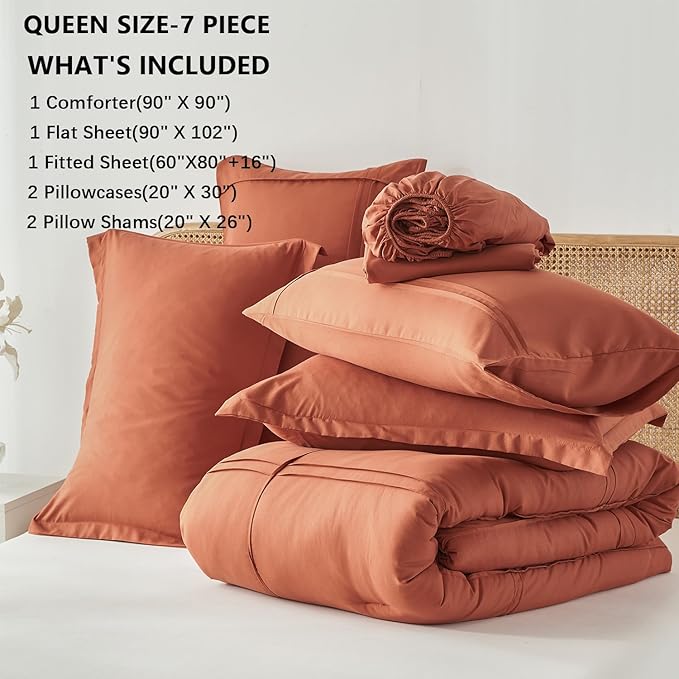 Yogeneg Queen Comforter Set 7 Piece Bed in a Bag,Grid Pinch Pleat Terracotta Bedding Set,Striped Textured Soft Microfiber Comforter with Sheet Set,All Season Complete Bed Set(Terracotta,Queen)