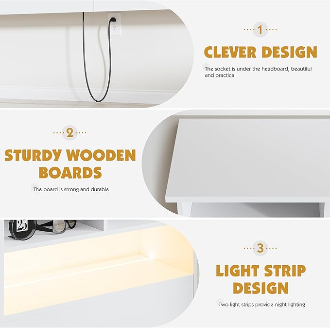 King Size Headboard for Bedroom, Stylish Bookcase Headboard with Built-in Charging Station & 2 LED Lights, Engineered Wood Headboards, Noise-Free HeadBoard King Size with Storage, White