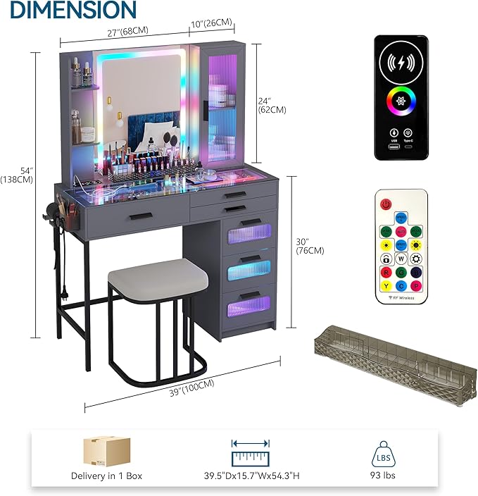 HENBC Vanity with Mirror and LED Lights, Glass Top Vanity Desk with Charging Station(Wireless+USB+Type-C), RGB Makeup Table Set with Stool/Makeup Organizer/6 Drawers for Bedroom (Grey)
