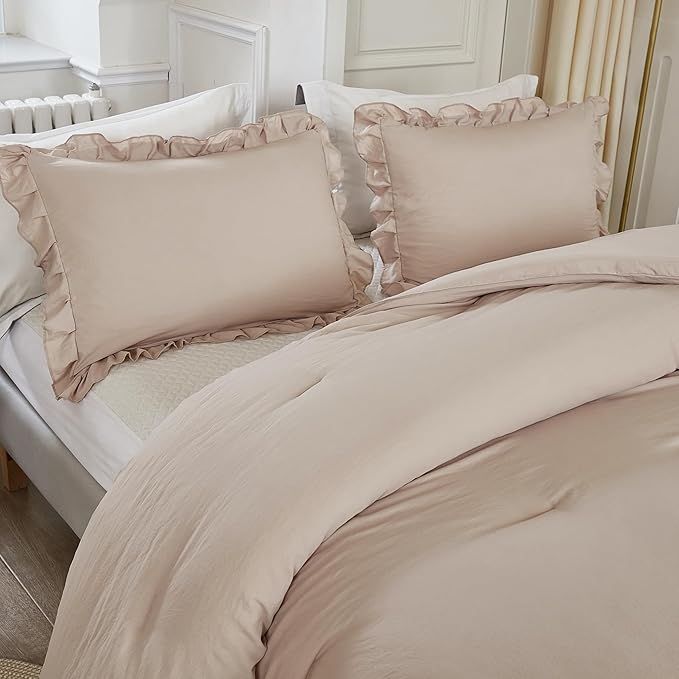 Litanika King Comforter Set Khaki, 3 Pieces Ruffle Farmhouse Aesthetic Bedding Comforter Set, Lightweight Fluffy Microfiber Bed Set (104x90In Comforter, 2 Pillowcases)