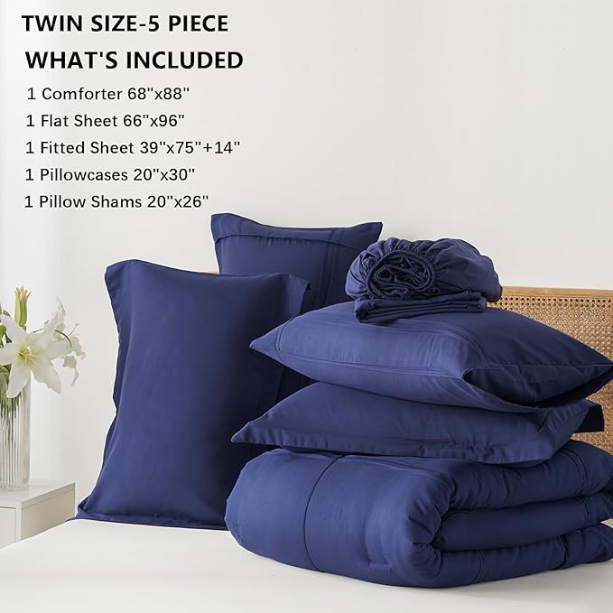 Yogeneg Twin Comforter Set 5 Piece Bed in a Bag,Grid Pinch Pleat Navy Blue Twin Bedding Set,Striped Textured Soft Microfiber Comforter with Sheet Set,All Season Complete Bed Set(Navy Blue,Twin)