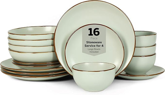 Stone Lain, Stoneware, Service for 4, Light Green, Plates and Bowls Sets, Dinnerware Set with 4 Dinner - & 4 Salad Plates, 4 Pasta - & 4 Round Bowls, Dishwasher & Microwave Safe, 16-Piece