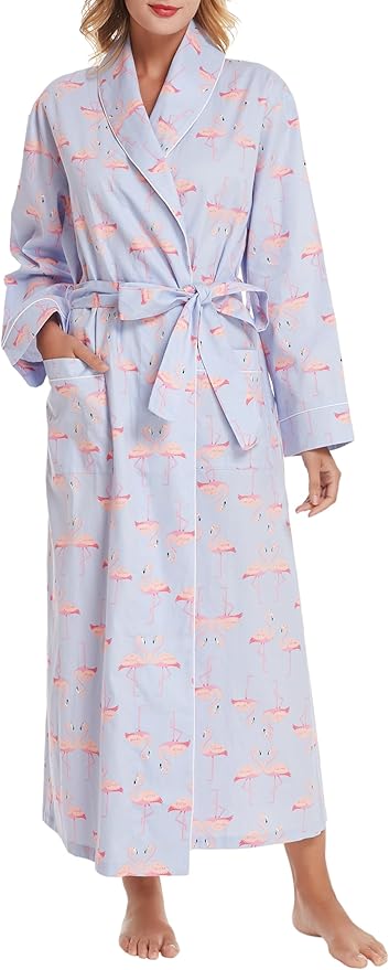 Lavenderi Women’s 100% Cotton Long Kimono Lounge Bathrobe Robe, Ladies Loungewear for Spa