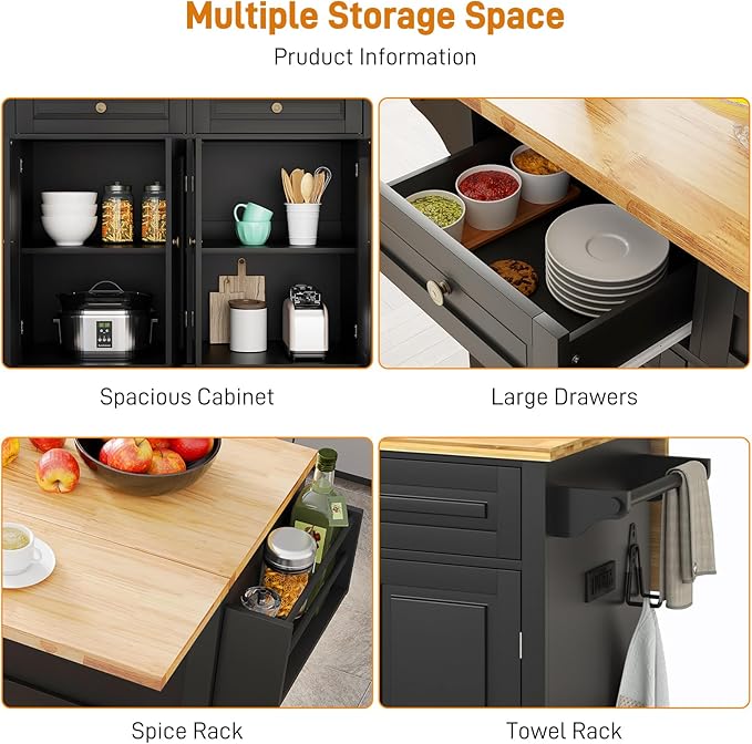 59" Kitchen Cart with Wood Top and Drop Leaf Breakfast Bar, Rolling Mobile Kitchen Island Table on Wheels with Drawer and Storage Cabinet, Spice Rack, Towel Rack, Black