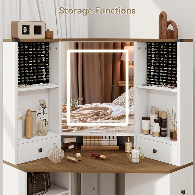 ARTETHYS Corner Vanity Desk with Mirror and Lights Makeup Table with Storage Large Farmhouse Vanity Sets with Drawers for Women, White