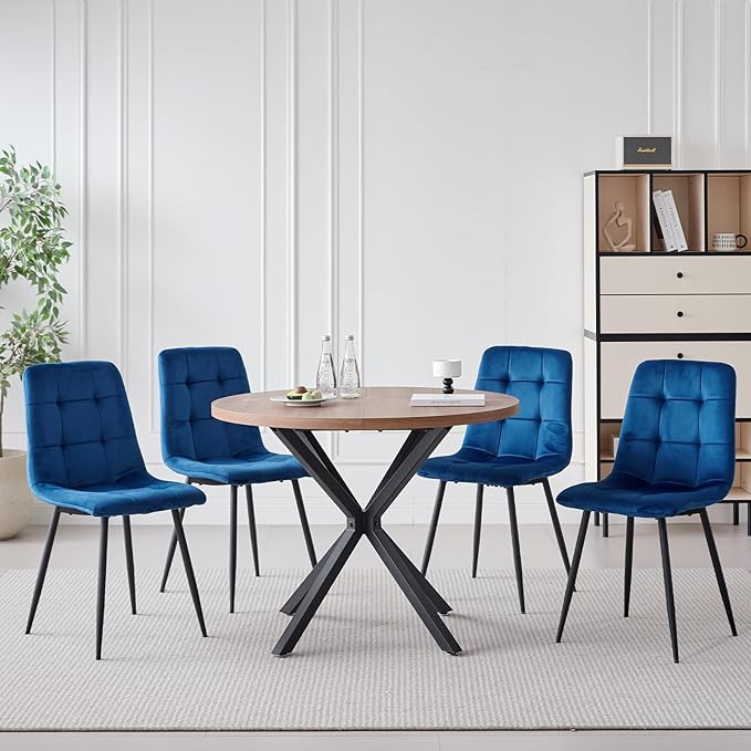 39" Round Dining Table Set for 4, Mid Century Kitchen Table with 4 Velvet Dining Chairs for Apartment Living Room Space Saving
