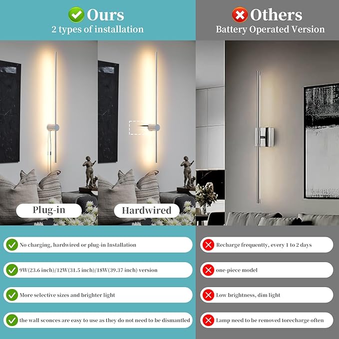 Dimmable Plug in Wall Sconce Set of 2, Chrome 39.37" LED Wall Light with Remote, Adjustable Color Temperature Brightness Wall lamp with Timer for Living Room,Bedroom and Accent Lighting