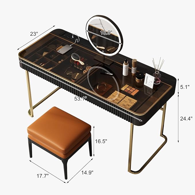 Lartis Makeup Vanity,Dresser Stool Set,Dresser,Computer Desk,partitioned Storage,Smart Socket,LED Makeup Mirror