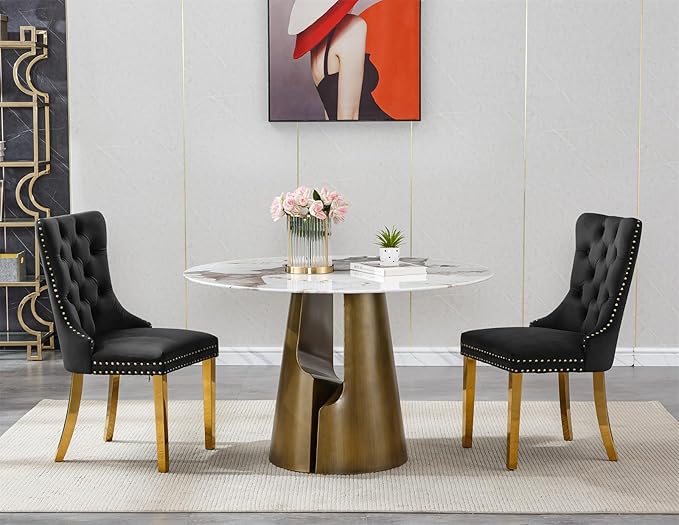 3-Piece Faux Marble Round Dining Table Set for 2, Modern Luxury Kitchen Table Set for 2 with Black Tufted Chairs,Circle Dining Tables with Pandora Grain Top and Bronze Pedestal Base
