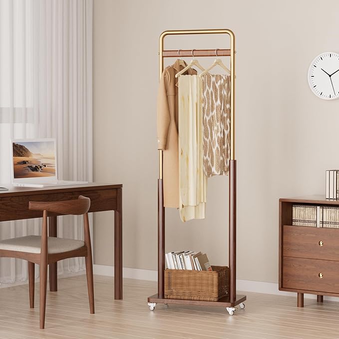 Clothes Rack Solid Wood Coat Rack, Metal and Solid Wood Combination Clothing Rack with Wheels for Entryway, Bedroom, Living Room, Coat Racks Freestanding for Hanging Clothes Garment Scarf