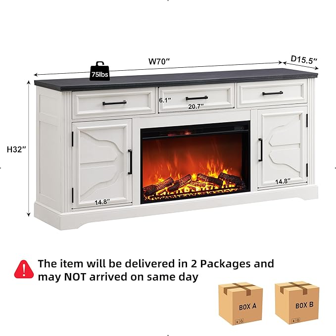 JXQTLINGMU Farmhouse Fireplace TV Stand for Up to 80 Inch TV, Entertainment Center with 30" Electric Fireplace for 65 75 Inch TV, 70" TV Stand with Storage Cabinet Drawer for Living Room (Off White)