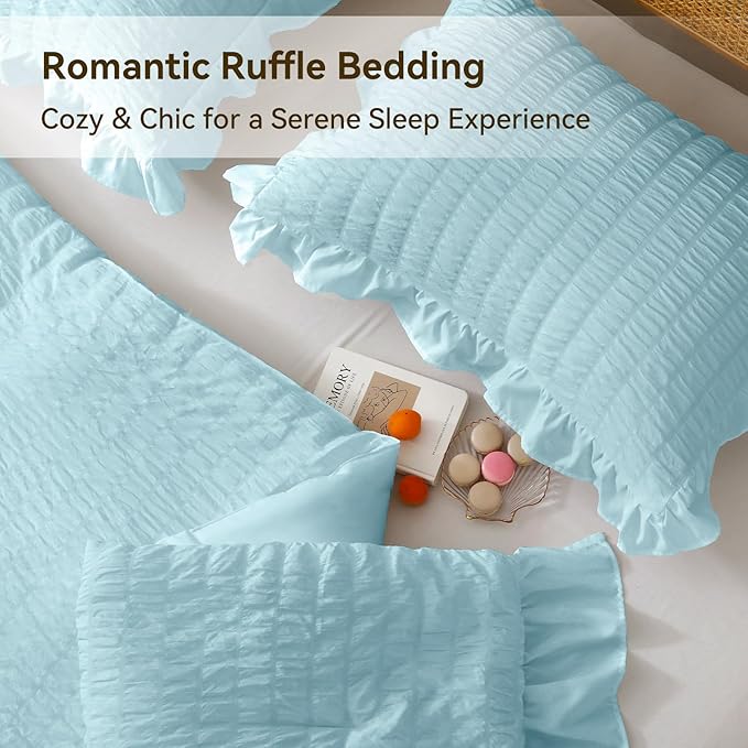 JOLLYVOGUE Light Blue Queen Comforter Set, 3 Pieces Seersucker Comforters Queen Size, Lightweight & Fluffy Bedding Sets for All Season with 1 Ruffle Comforter & 2 Ruffle Pillowshams