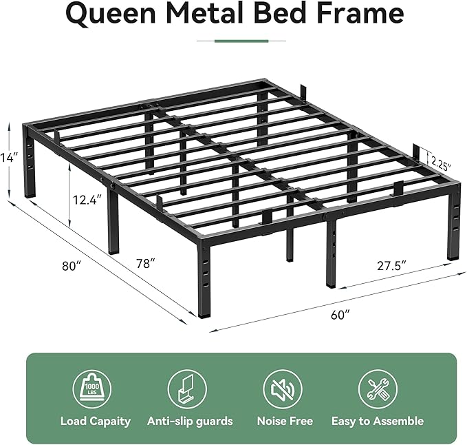 BedsPick 14 Inch Queen Bed Frame, Metal Platform Bed Frame Queen Size, Heavy Duty Sturdy Mattress Foundation, Mattress Anti-Slip, Easy Assembly, Noise Free, No Box Spring Needed, Black