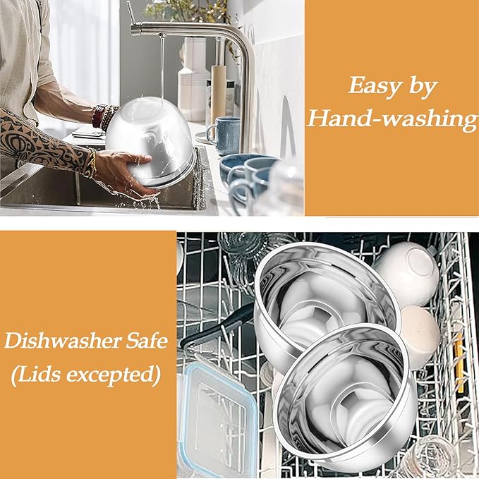 TeamFar Mixing Bowls, Stainless Steel Nesting Salad Bowls with Lids Set of 3 & 3 Grater Attachments, For Mixing/Serving/Storing, Non-toxic & Long-lasting, Size 4.6/3 / 1.5 QT, Khaki