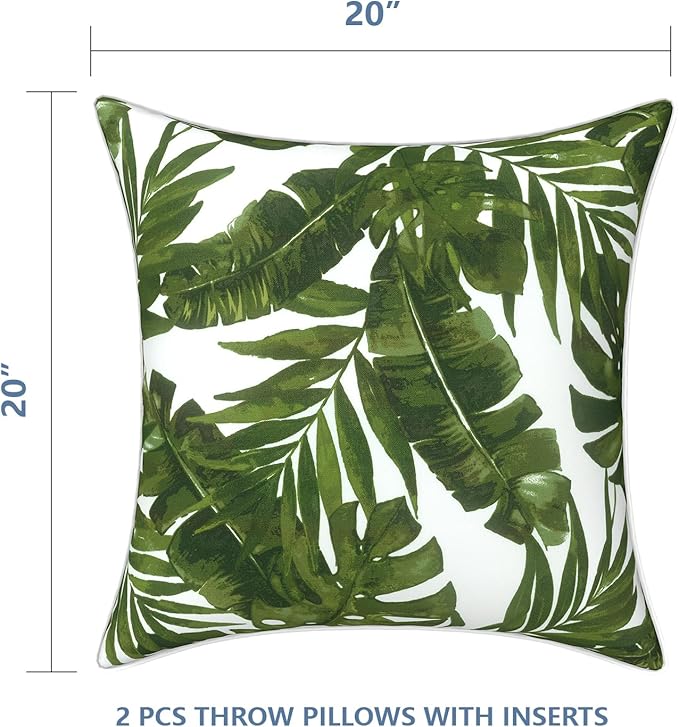 LVTXIII Set of 2 Patio Throw Pillows Waterproof 20"x20" Fade Resistant Outdoor Throw Pillows with Inserts, Fluffy Decorative Garden Toss Pillow Cushions for Home Patio Coach Sofa Use, Palms Green