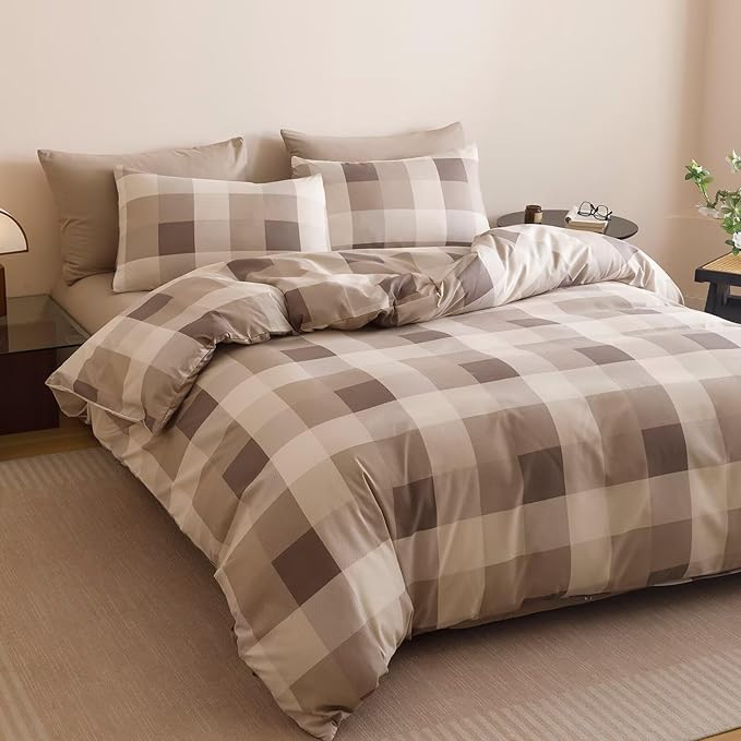Cottonight Checkered Khaki Comforter Set Full Gingham Grid Bedding Set Khaki and Cream Coffee Grid Comforter Fluffy Soft Bedding Set Kids Teens Full Comforter with 2 Pillowcases