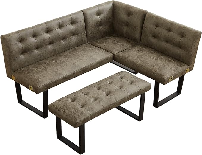 Modern L-Shaped Dining Bench, Vintage Fabric Upholstered Corner Sofa with Metal Legs for Kitchen Nook, Living Room, Dining Room (Brown)