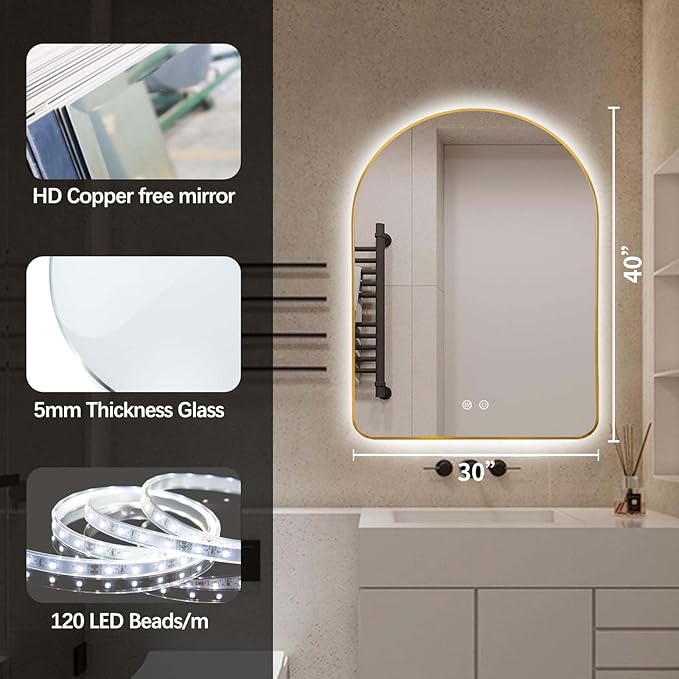 Niccy Arched LED Lighted Bathroom Mirror, 40x30 Inch Backlit Vanity Bathroom Mirror with Lights Brushed Gold Framed Wall Mounted Mirrors with 3 Color Shatterproof Arch Smart Fog Free Mirror