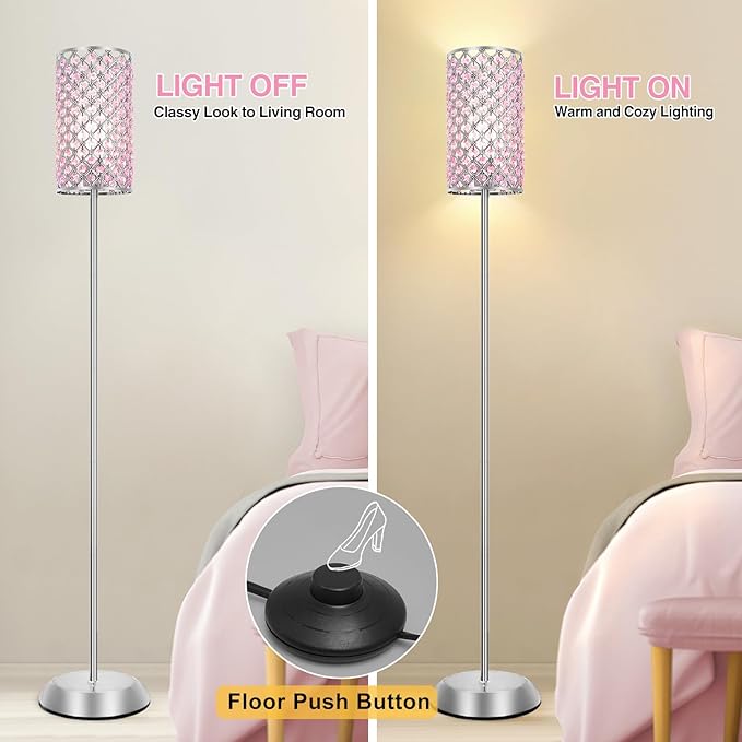 Crystal Floor Lamp for Bedroom, Living Room Pink Floor Lamps Modern Tall Lamp with On/Off Foot Switch Glam Standing Light for Girls Bedroom Minimalism Pole Corner Lamp for Office Dorm Hotel