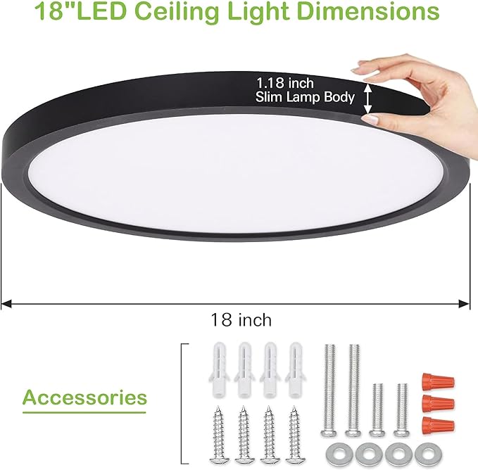 hykolity 18 Inch LED Round Flat Panel Light, Black, 32W, 3200lm, 3000K/4000K/5000K CCT Selectable, 120°Beam Angle, Dimmable Edge-Lit Flush Mount Ceiling Light Fixture - ETL Listed