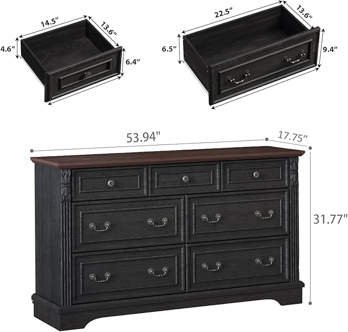 BLANKSPACE Black Dresser for Bedroom, Farmhouse 7 Chest of Drawers, Carved Design Cabinet Organizer with Brown Top