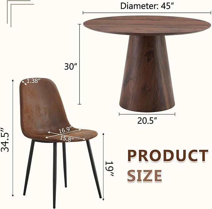 45 Inch Round Dining Table Set for 4, 5 Piece Kitchen Table and Chairs Set, Wooden Table with Walnut Finish, Small Space Dining Set for Apartment or Dining Room