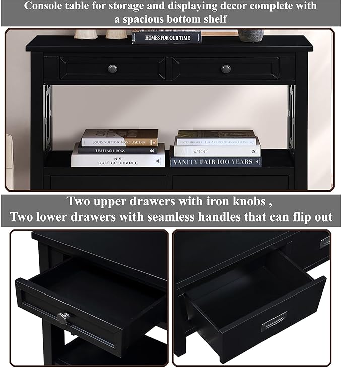 36 Inch Country Farmhouse Console Table with 4 Drawers and 1 Storage Shelf Pine Wood Suitable for Entryway Entrance Living Room Bedroom Hallway Kitchen (Black)