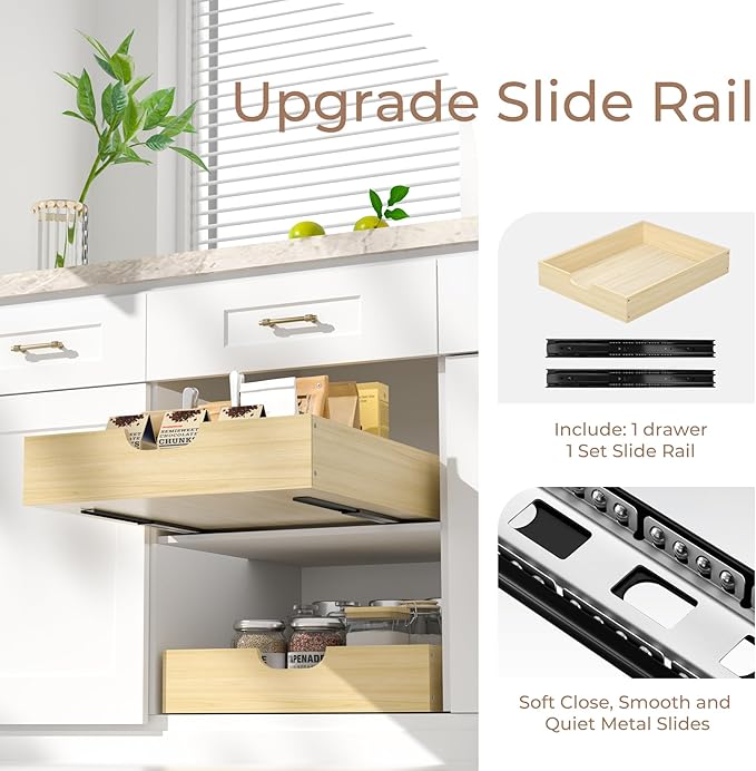 COOLBEBE Pull Out Cabinet Drawer, Soft Close Solid Wood Pull Out Organizer for Cabinet,17" W x 21" D Pull Out Shelves in Kitchen, Pantry, Bathroom