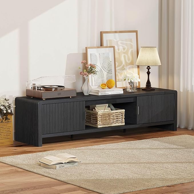 FATORRI TV Stand for 75/65/55 Inch TVs, Mid Century Modern Entertainment Center with Storage, Wooden Television Media Console Cabinet with Fluted-Door for Living Room, Bedroom (63 Inch W, Black)