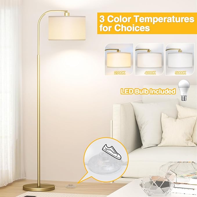 Arc Floor Lamps for Living Room with 3 Color Temperatures, Modern Floor Lamp Reading Light with 9W Bulb Included, Standing Lamp with Adjustable White Hanging ‎Lampshade for Bedroom Office(Gold)